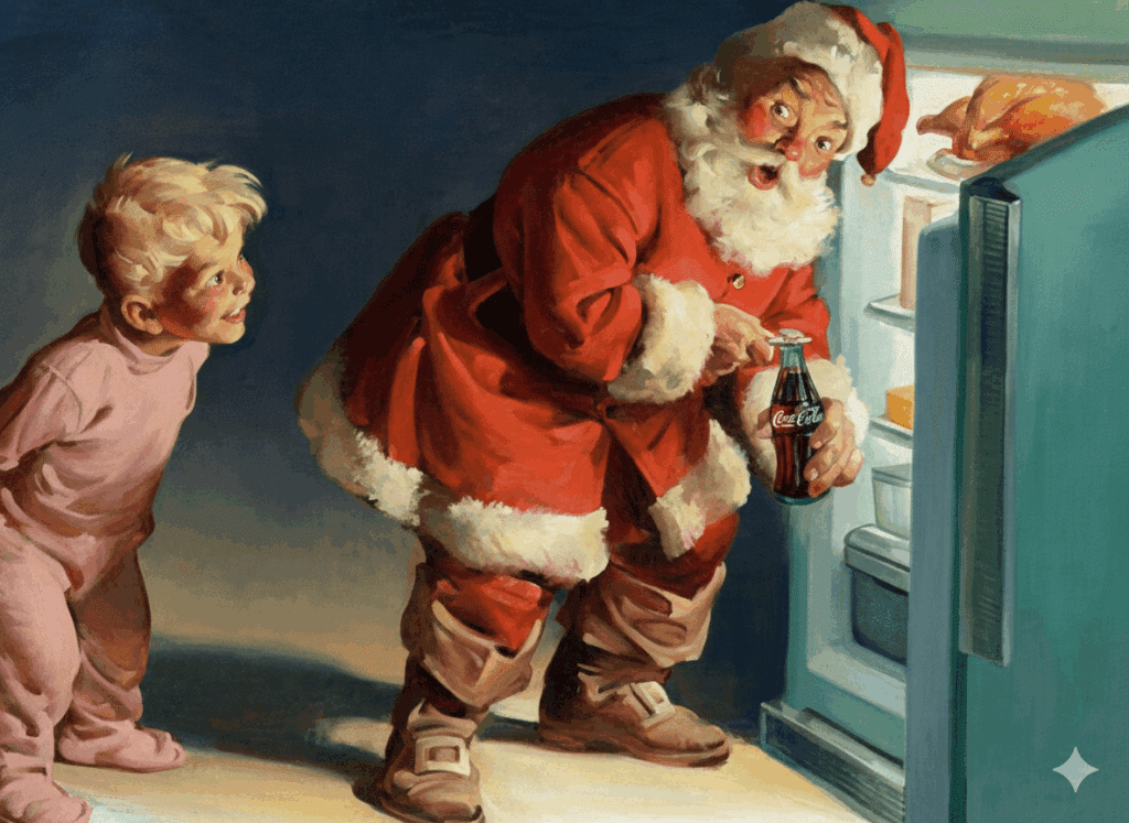 Babbo Natale Coca-Cola davanti al frigorifero con una bottiglia: immagine iconica di marketing natalizio che lega bevande e atmosfera di Natale | DiBi Group